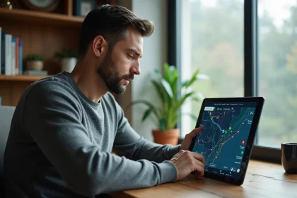 Homme consultant une application de suivi des vols en direct sur une tablette depuis son bureau à domicile
