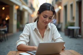 Femme en télétravail dans un café en Europe, utilisant un smartphone et un ordinateur portable à l'étranger