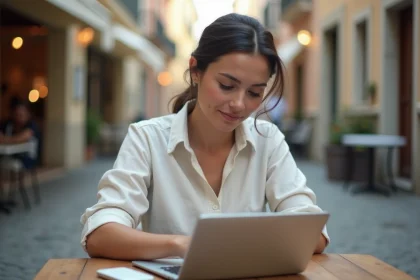 Femme en télétravail dans un café en Europe, utilisant un smartphone et un ordinateur portable à l'étranger