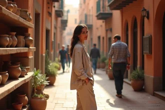 Femme explorant une ruelle de médina marocaine en février avec des températures douces et agréables