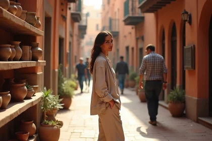 Femme explorant une ruelle de médina marocaine en février avec des températures douces et agréables