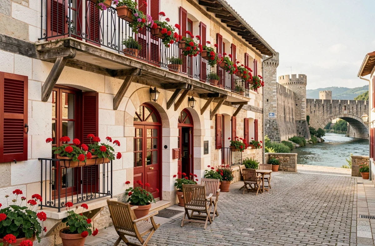 Façade classique de l'hôtel des Pyrénées à Saint-Jean-Pied-de-Port avec volets rouges et balcons fleuris
