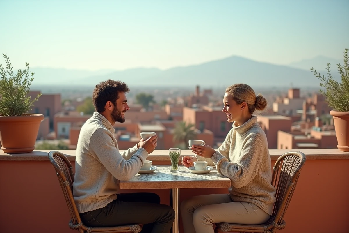 Couple savourant un thé à la menthe sur une terrasse de Marrakech en hiver avec vue sur l'Atlas