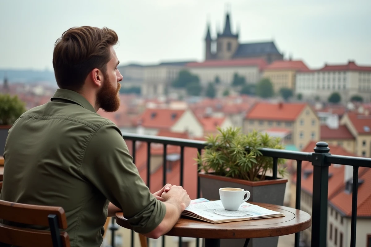 Voyageur en terrasse avec vue panoramique sur les toits et les clochers gothiques de la Vieille-Ville de Prague