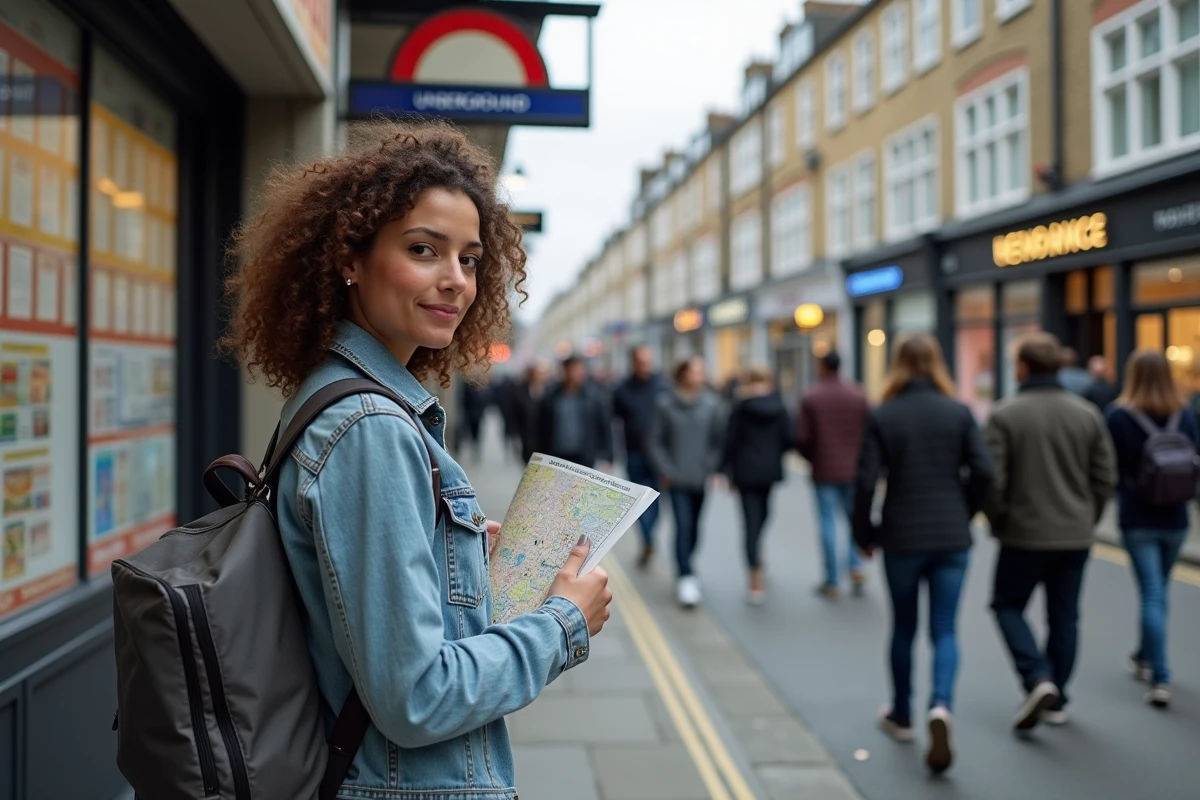 Femme consultant un guide touristique devant une station de métro londonienne dans un quartier animé et sécurisé
