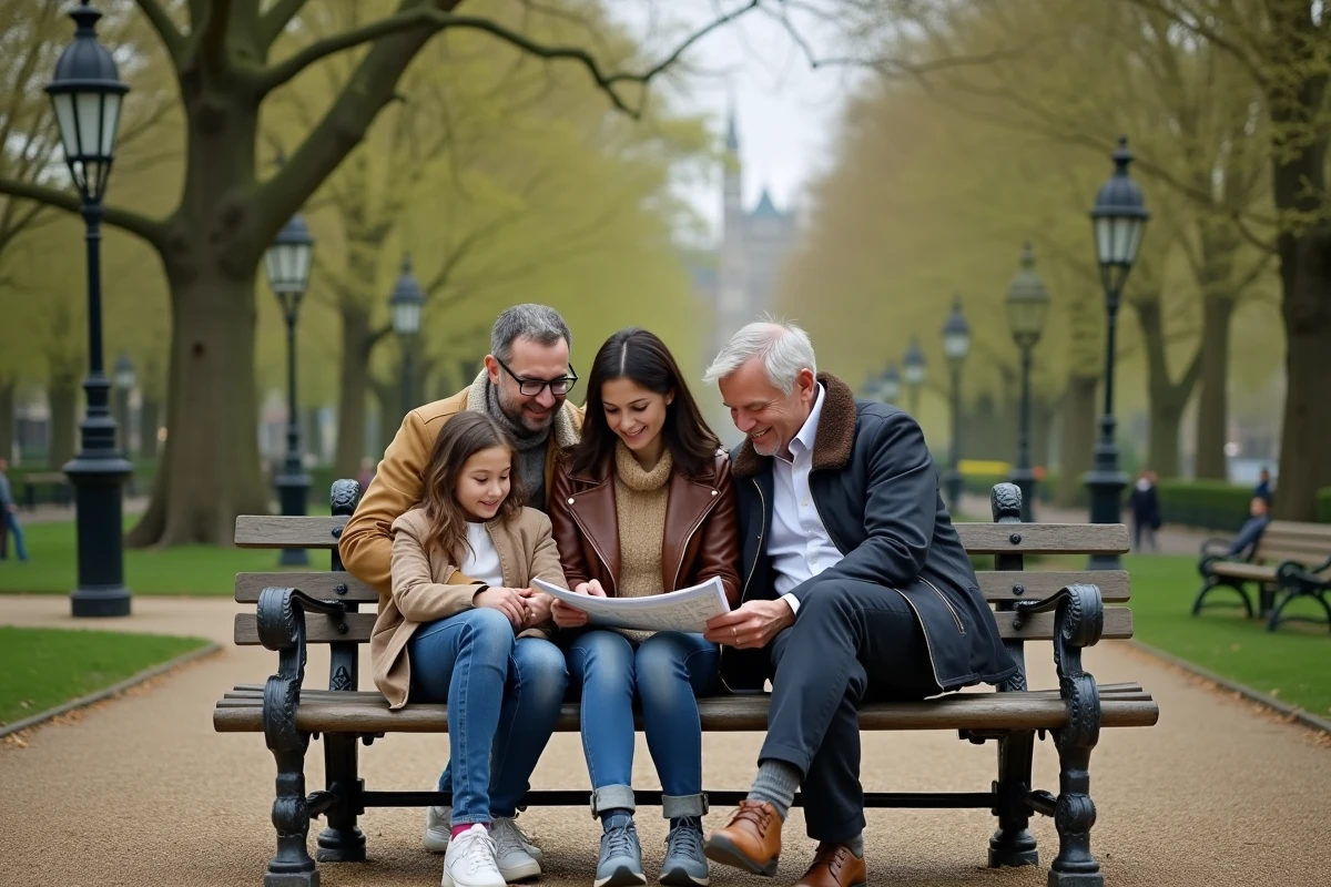 Groupe de touristes en famille consultant une carte sur smartphone dans un parc public verdoyant et sécurisé de Londres