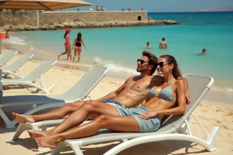 Couple détendu sur des transats loués à prix abordable sur une plage publique d'Héraklion en Crète avec mer turquoise en arrière-plan