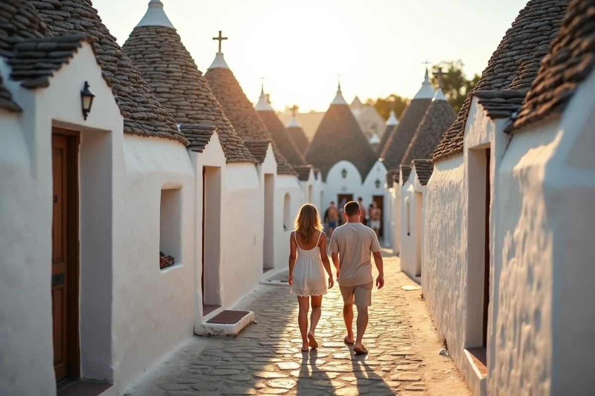 Rue pavée d'Alberobello avec ses trulli traditionnels à toits coniques et touristes se promenant en Puglia