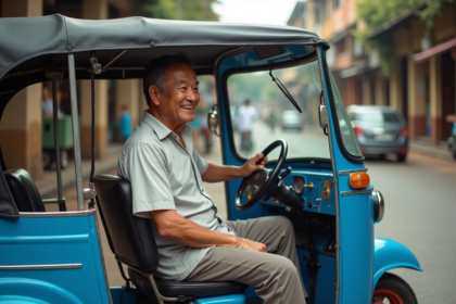 Homme asiatique dans un tuktuk classique en ville