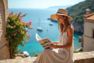 Femme en robe de lin et chapeau de paille lisant un magazine de voyage sur une terrasse en pierre avec vue sur la Méditerranée
