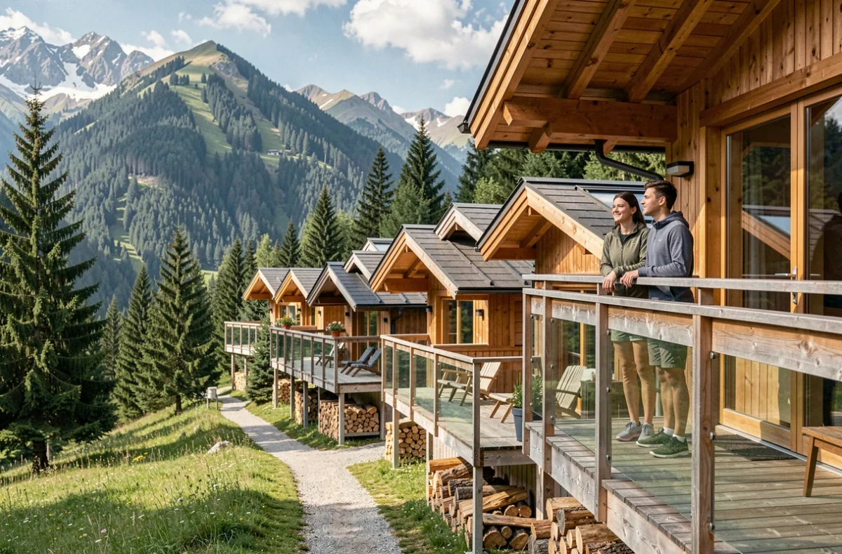 Chalets en bois modernes du centre Vacances ULVF Les Essertets avec couple sur le balcon et panorama alpin en arrière-plan