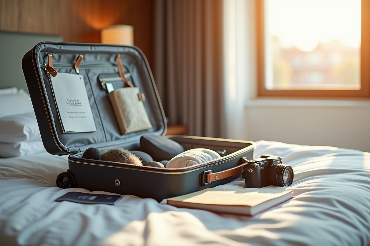 Valise ouverte avec accessoires de voyage sur lit lumineux