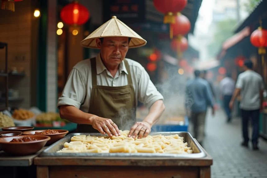 Vendeur de street food à Guangzhou préparant des rouleaux de nouilles de riz vapeur sur un étal de marché traditionnel