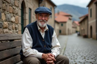 Homme basque âgé souriant assis sur un banc en village
