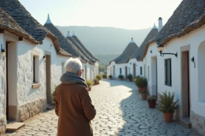 Femme âgée admirant les maisons trulli d'Alberobello en hiver