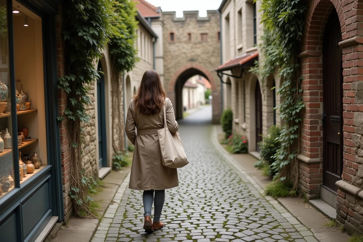 Voyageuse explorant une ruelle pavée de la vieille ville de Saint-Valery-sur-Somme avec les remparts médiévaux en arrière-plan
