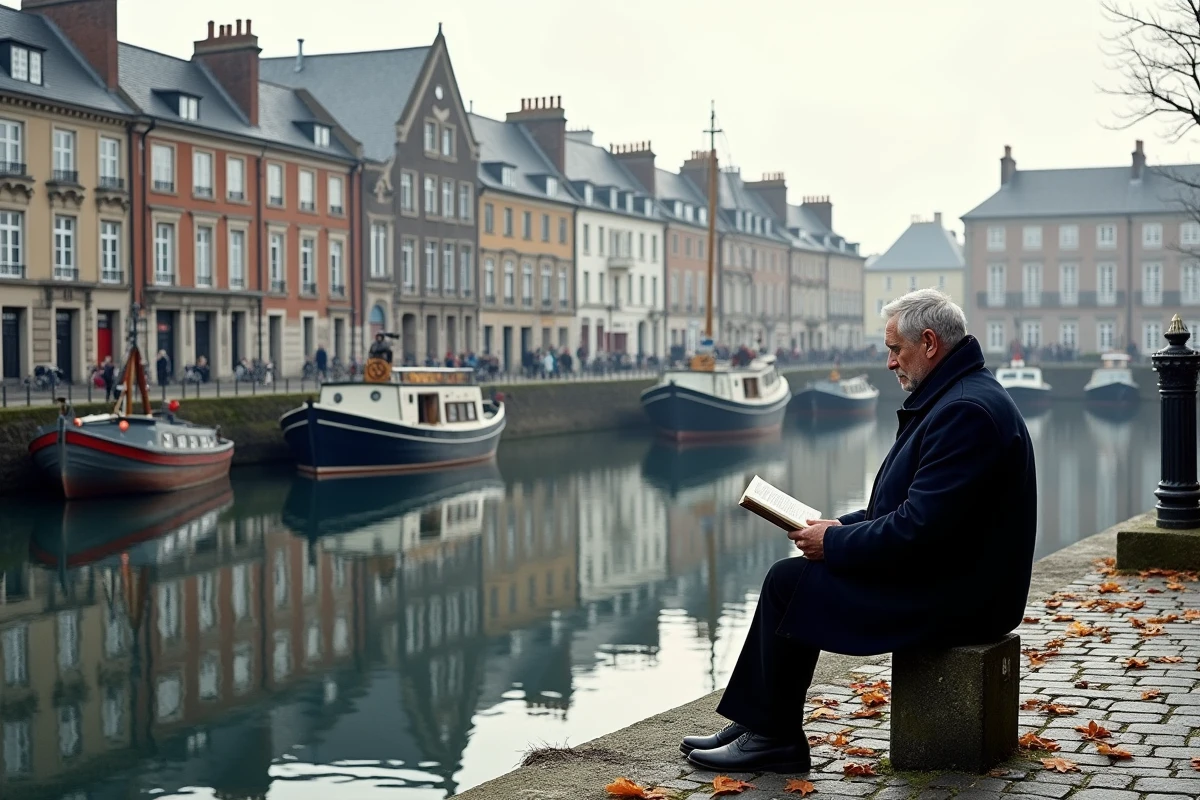 Vue du Vieux-Bassin de Honfleur en automne avec les maisons à quai reflétées dans l'eau calme du port