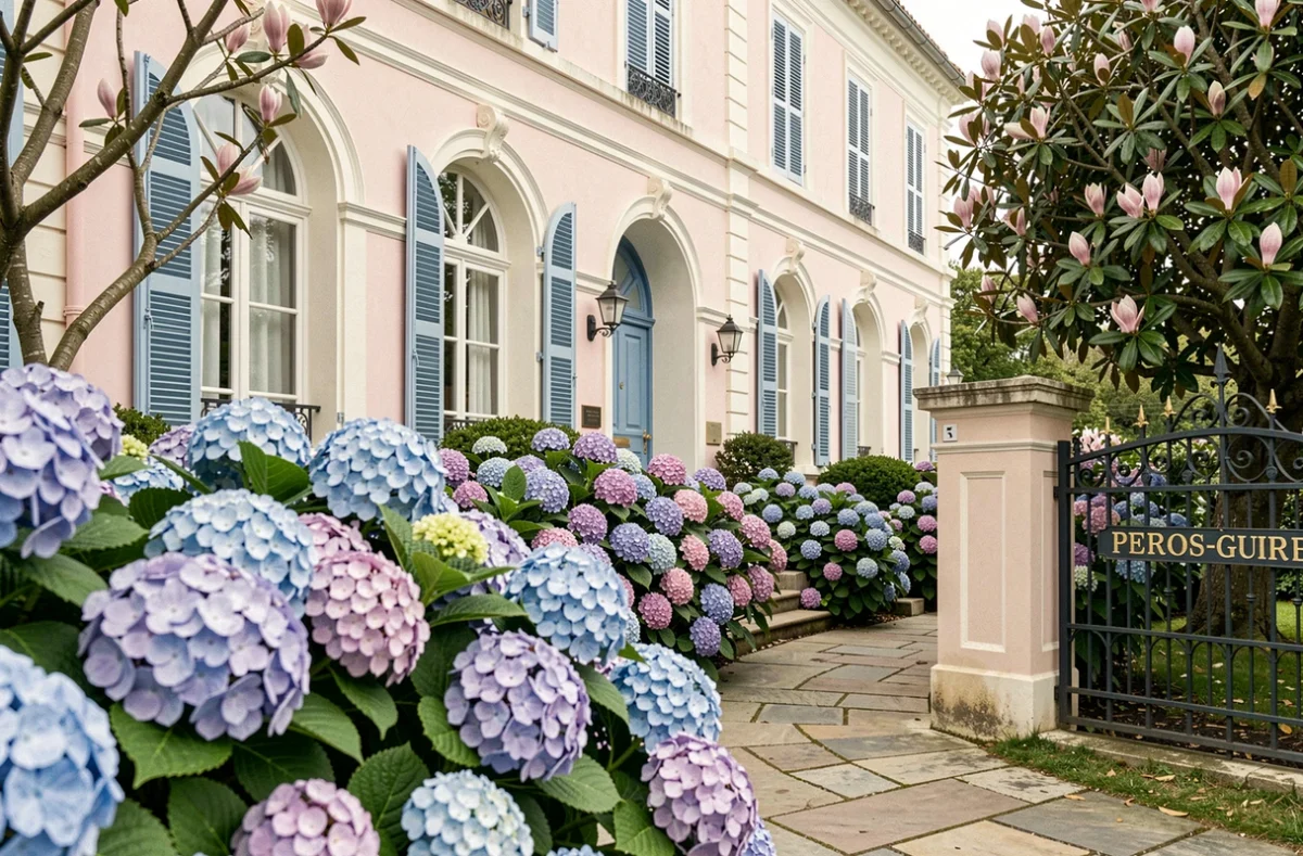 Villa Belle Époque de Villa Les Hydrangeas à Perros-Guirec avec façade rose et jardin d'hortensias en fleurs