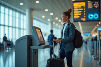 Voyageur souriant s'enregistrant à un kiosque aéroport