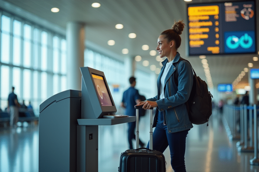 Voyageur souriant s'enregistrant à un kiosque aéroport