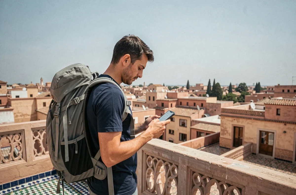 Voyageur sur une terrasse de riad à Fès comparant des forfaits data pour le Maroc sur son téléphone