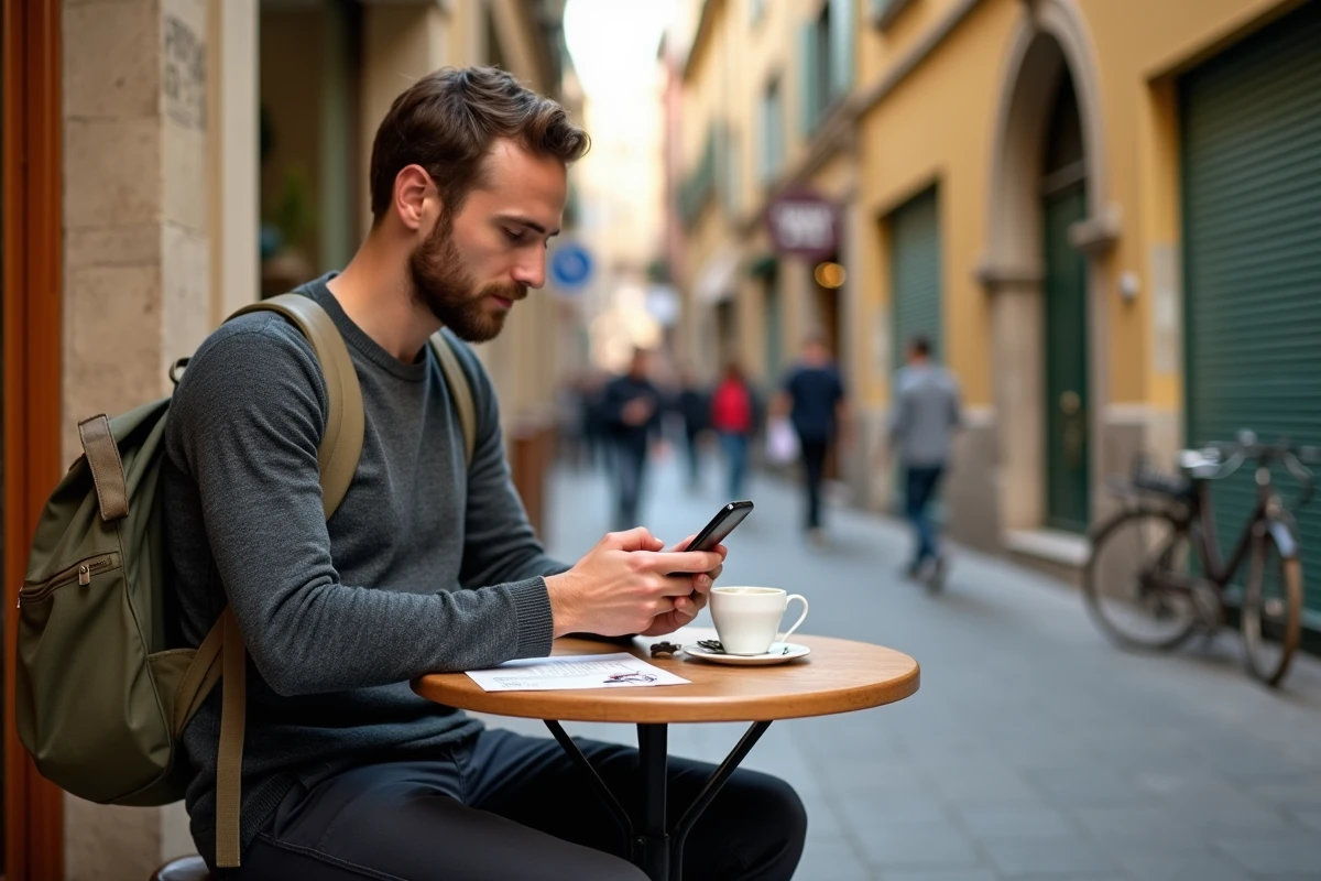 Voyageur consultant l'application GetYourGuide dans un café de rue européen pour organiser ses visites