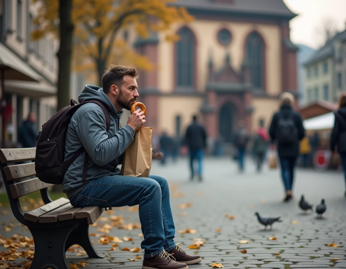 Voyageur budget mangeant une bretzel sur la place du marché de Heidelberg avec la Heiliggeistkirche en arrière-plan