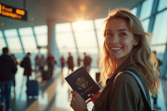 Voyageur souriant à la frontière française avec passeport et visa