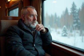 Homme d'âge moyen regardant par la fenêtre d'un train en Siberie