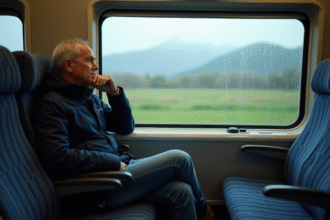 Homme d'âge moyen dans un train européen regardant par la fenêtre