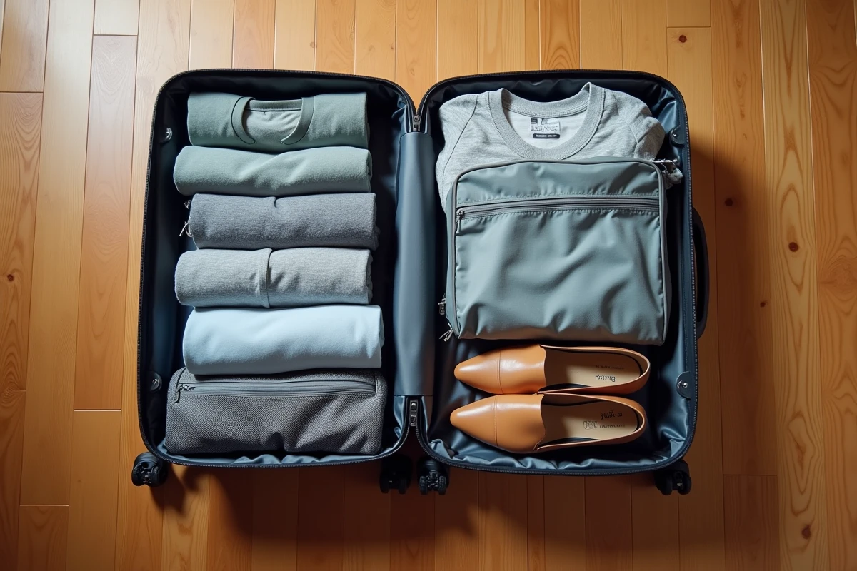 Vue de dessus d'une valise cabine parfaitement organisée avec vêtements roulés et accessoires de voyage