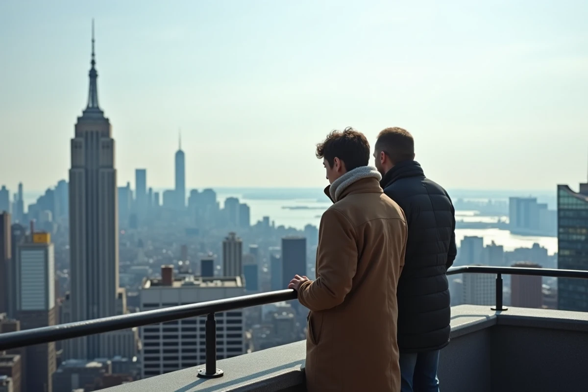 Couple observant la skyline de Lower Manhattan avec le Woolworth Building depuis un point de vue en hauteur