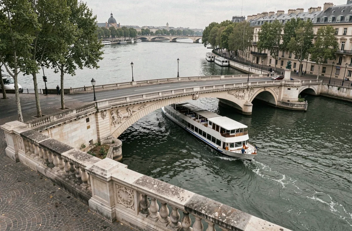 Vue depuis un pont parisien sur un bateau de croisière naviguant sur la Seine avec les quais en arrière-plan