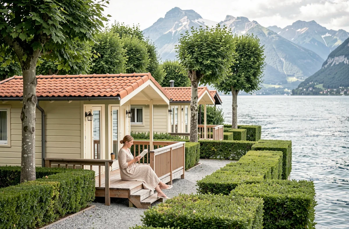 Bungalow du VVF Villages Les Rives du Léman avec vue sur le lac, une femme lisant sur la terrasse dans un parc verdoyant